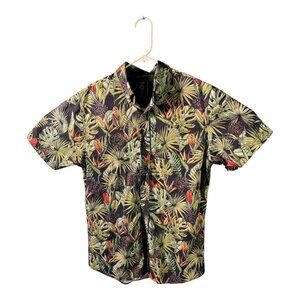 Fried Denim Shirt Mens Medium Tropical Hawaiian Button Up Slim Fit Leaf Print